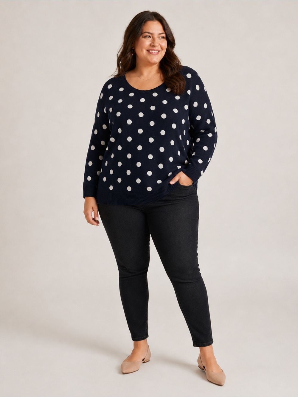 Old Navy Navy and White Polka Dot Crewneck Sweater